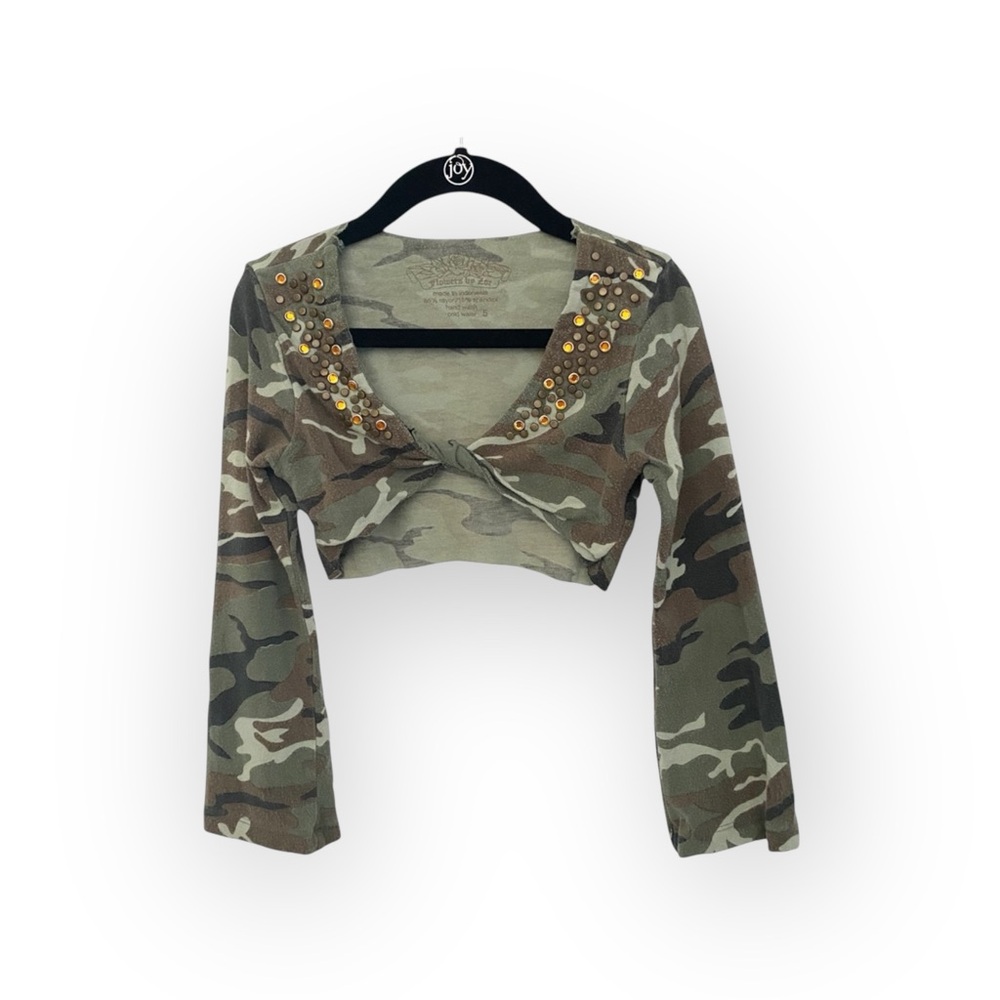 Flowers by Zoe ꕥ Camo Print Crystal Shrug Jacket Top ꕥ Army Green Camo ꕥ 5 5T - Picture 9 of 16